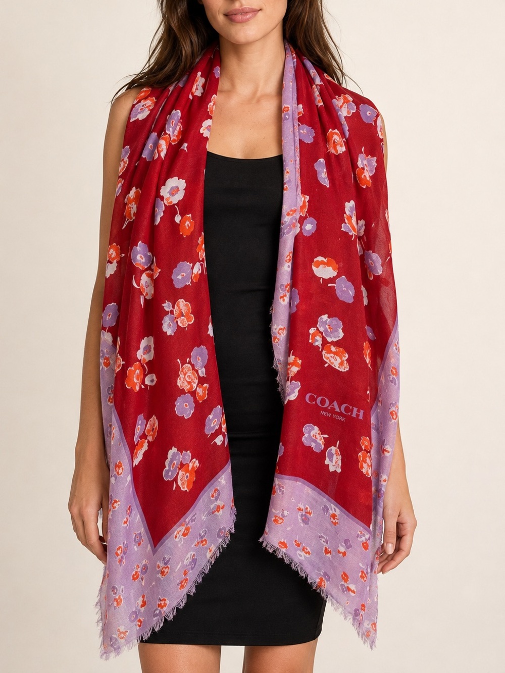 Coach New York Red Purple Floral Modal Wool Oversized Scarf Wrap
